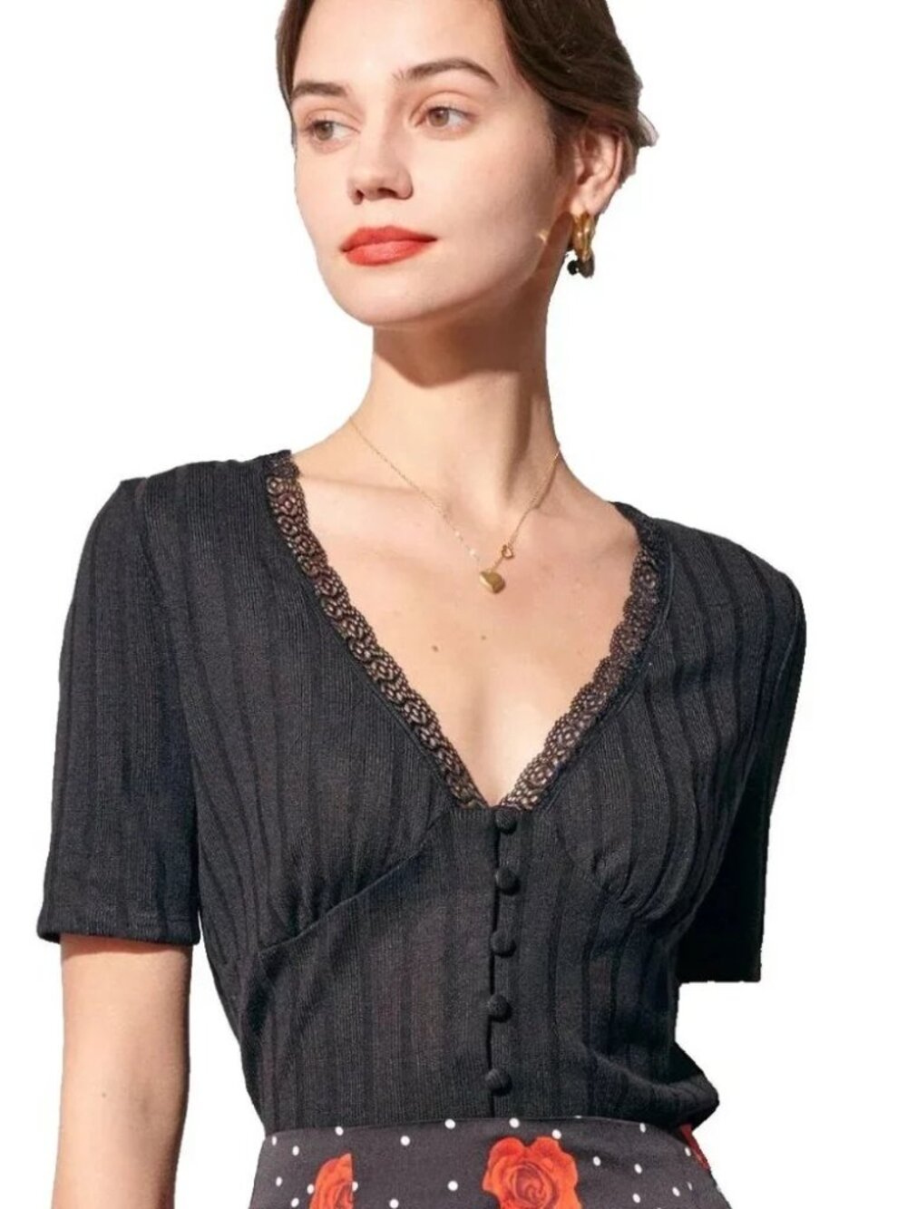 RIHOAS Women's Ribbed Lace Trim Top Black V-Neck Buttons